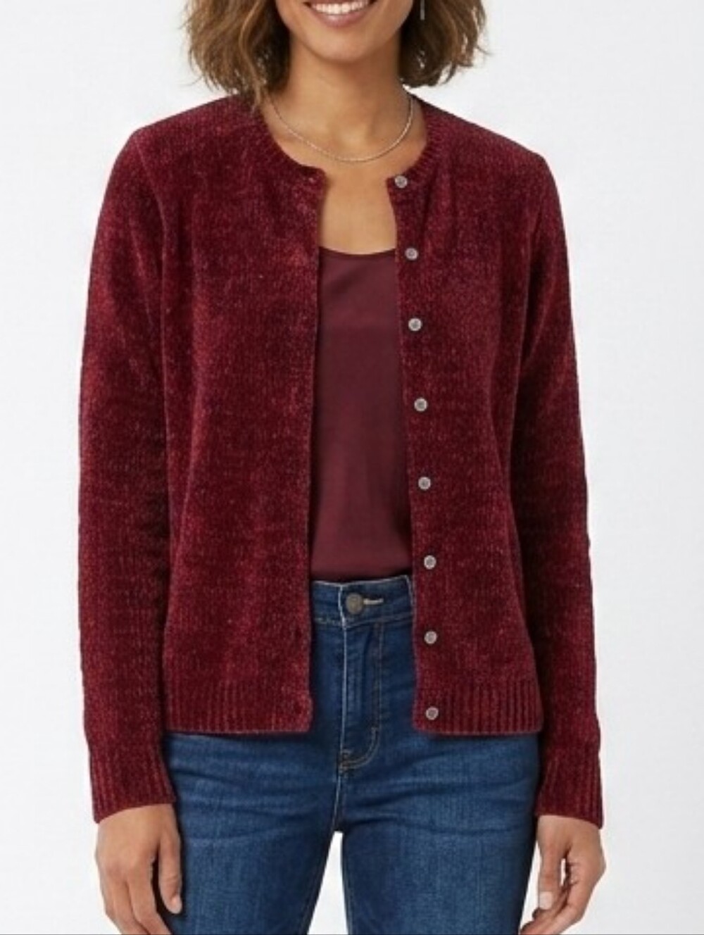 Vtg 90s Talbots Red Wine Glitter Cardigan Sweater L Chenille Holiday Christmas